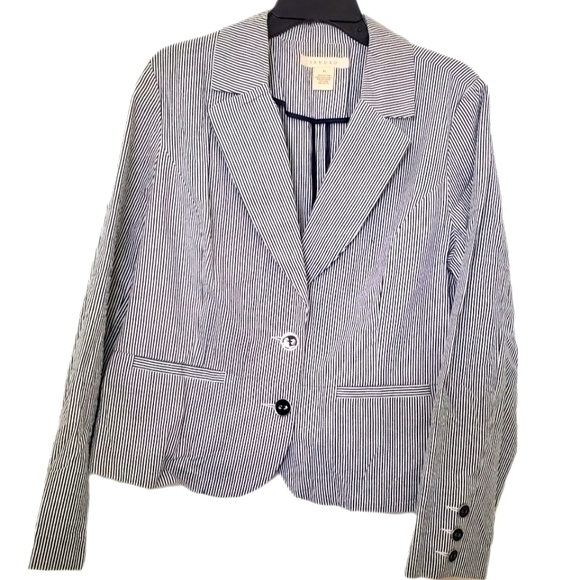 Sandro NWT Women's Seersucker Navy Blue Stripe Cotton Blazer Jacket - Picture 1 of 8